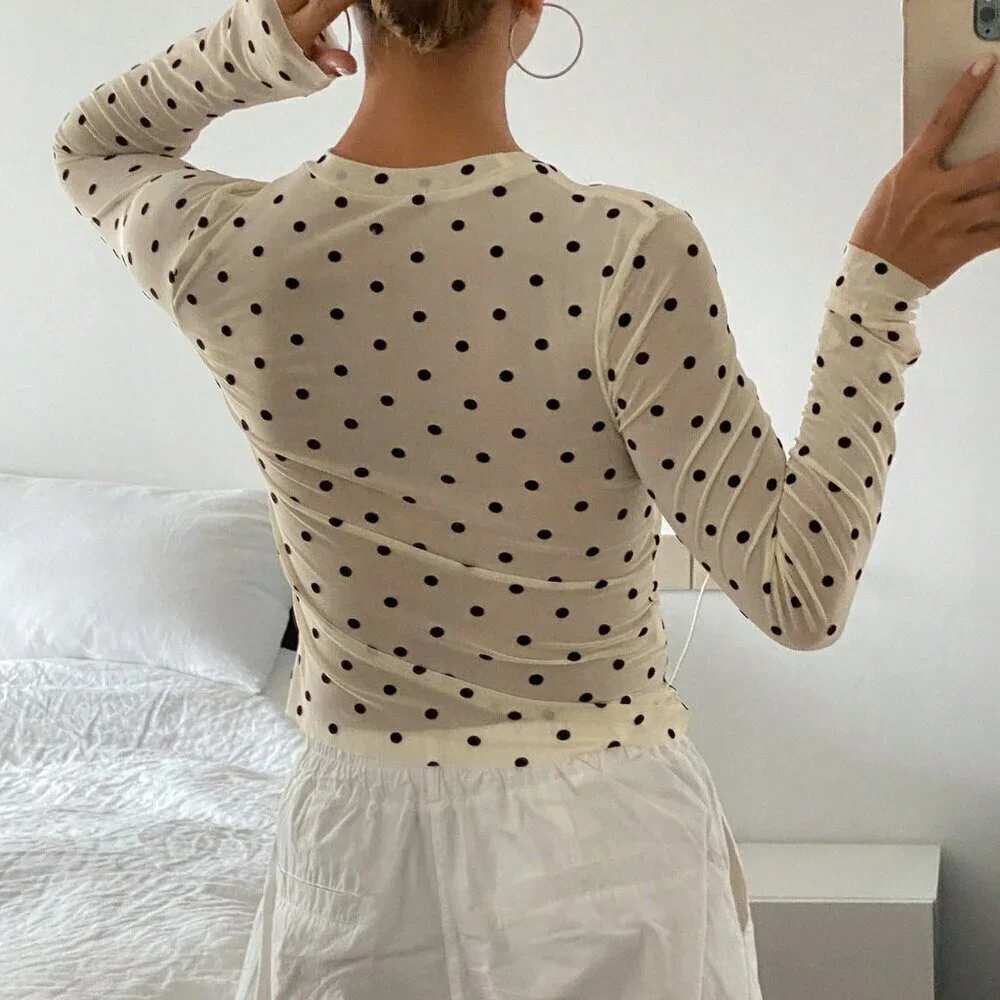 Beige Casual Women's Polka Dot Slim Fit Round Neck Long Sleeve Top - Picture 8 of 9